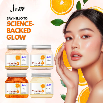 Jeva Vitamin C Glow Reviving Eco Facial Kit for all skin types, featuring skincare products with vibrant packaging and natural ingredients.