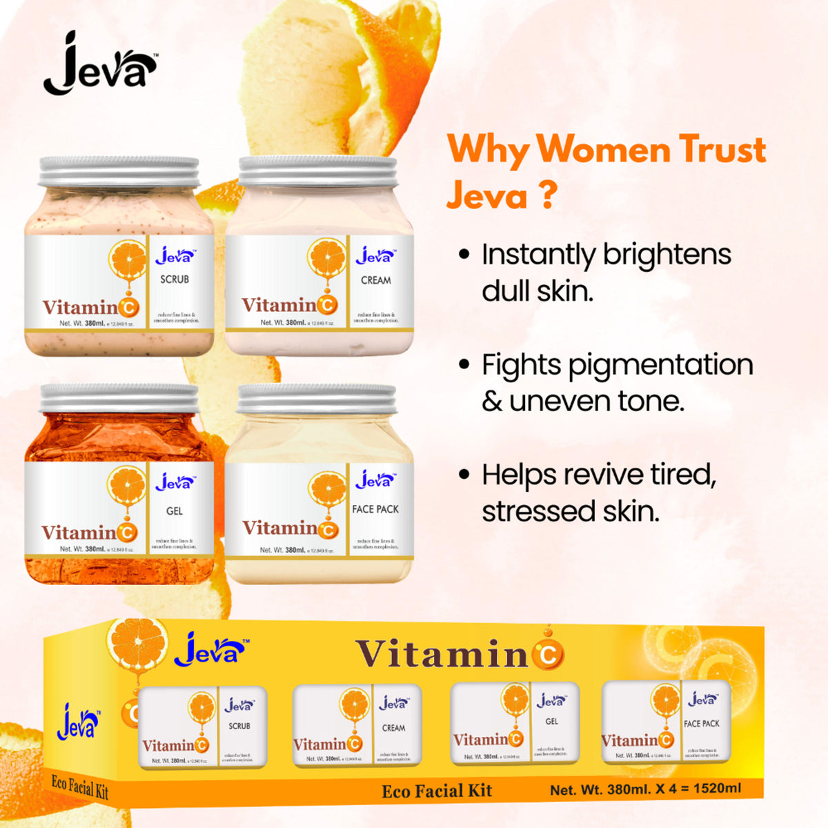 Jeva Vitamin C Glow Reviving Eco Facial Kit for all skin types, featuring skincare products in eco-friendly packaging.