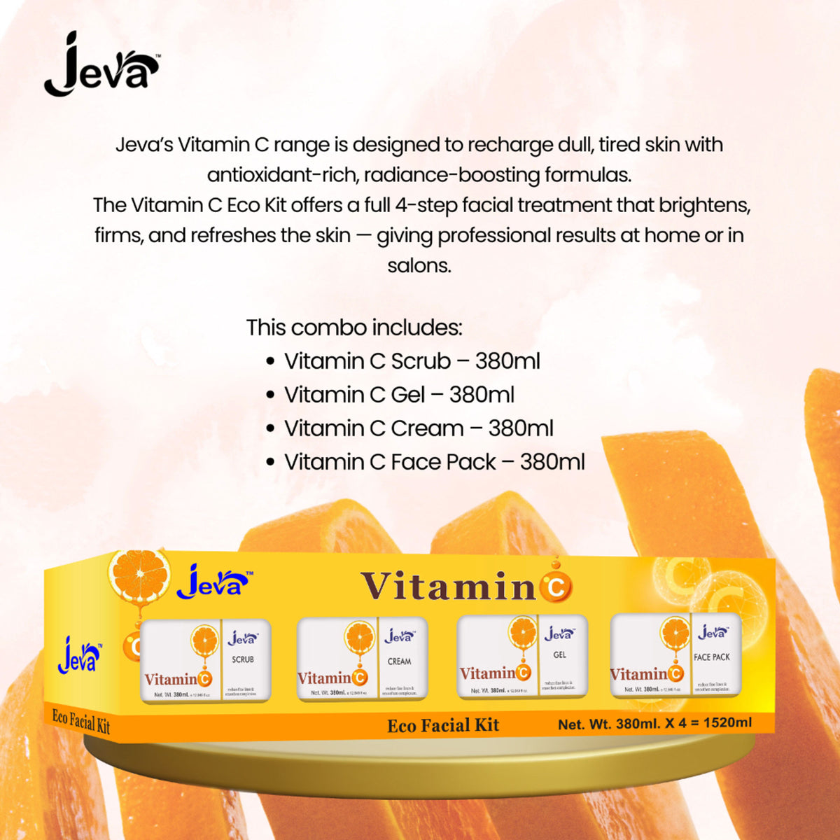Jeva Vitamin C Glow Reviving Eco Facial Kit for all skin types, featuring skincare products with brightening and revitalizing ingredients.