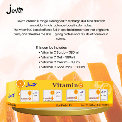 Jeva Vitamin C Glow Reviving Eco Facial Kit for all skin types, featuring skincare products with brightening and revitalizing ingredients.