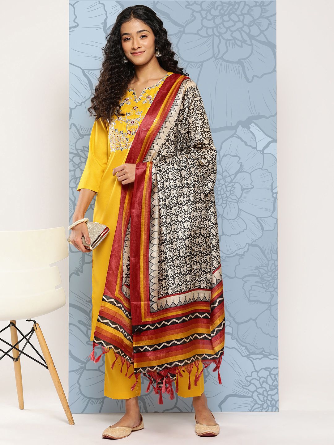 Indyancart VA Women's Floral Embroidered Regular Gotta Patti Kurta with Trousers & With Dupatta