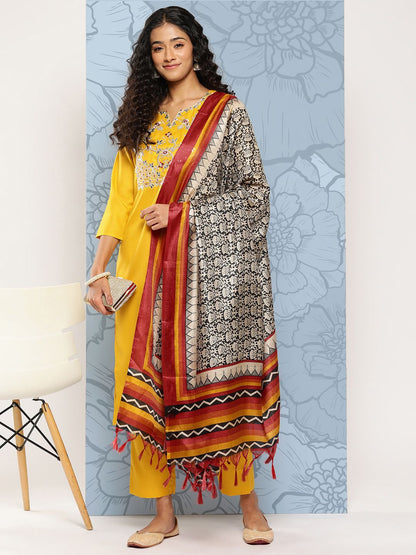 Indyancart VA Women's Floral Embroidered Regular Gotta Patti Kurta with Trousers & With Dupatta
