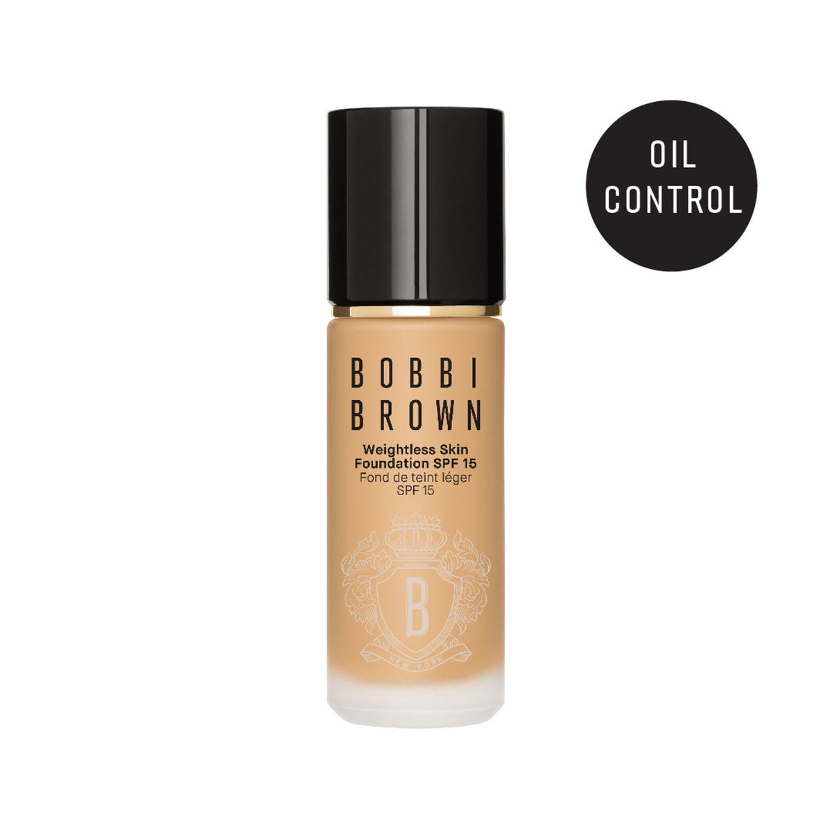 Bobbi Brown Weightless Skin Foundation in Warm Natural with natural matte finish and SPF 15, displayed in a sleek bottle.