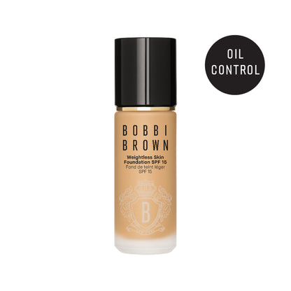 Bobbi Brown Weightless Skin Foundation in Warm Natural with natural matte finish and SPF 15, displayed in a sleek bottle.