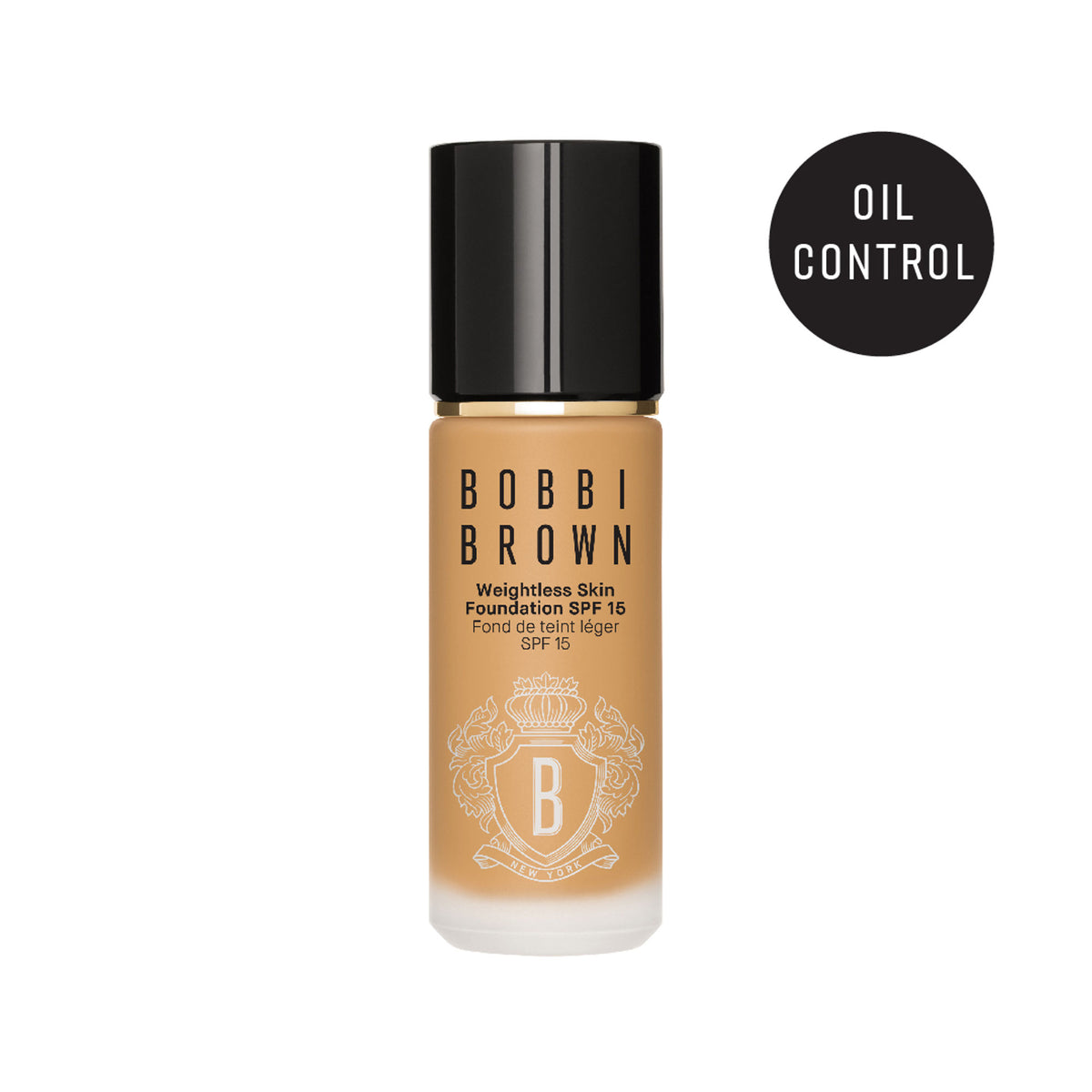 Bobbi Brown Weightless Skin foundation in Warm Honey shade with natural matte finish and SPF 15, showing the foundation bottle.