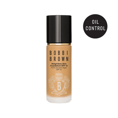 Bobbi Brown Weightless Skin foundation in Warm Honey shade with natural matte finish and SPF 15, showing the foundation bottle.