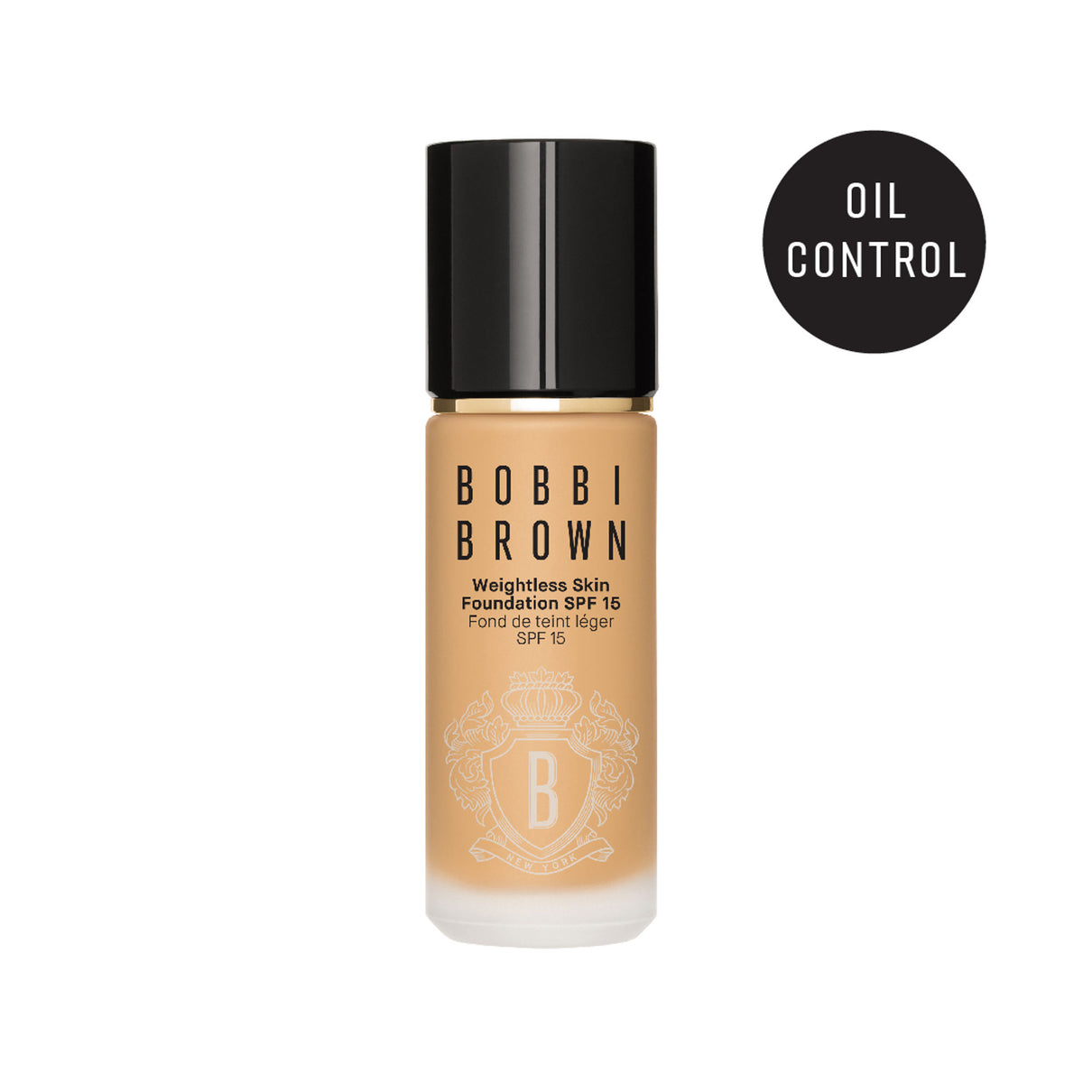 Bobbi Brown Weightless Skin Foundation in Golden Natural with matte finish and SPF 15, showing the foundation bottle and applicator