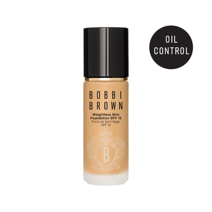 Bobbi Brown Weightless Skin Foundation in Golden Natural with matte finish and SPF 15, showing the foundation bottle and applicator