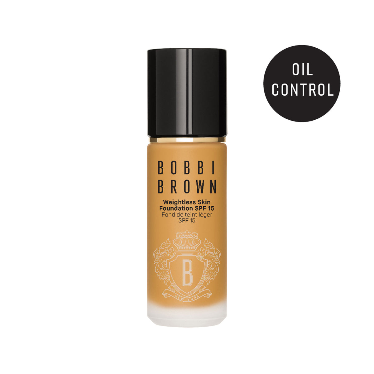 Bobbi Brown Weightless Skin Natural Matte Finish Foundation SPF 15 in Golden Honey, showing the bottle with a matte finish and golden hue.