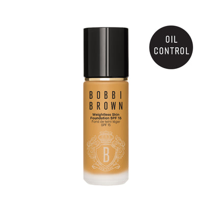 Bobbi Brown Weightless Skin Natural Matte Finish Foundation SPF 15 in Golden Honey, showing the bottle with a matte finish and golden hue.