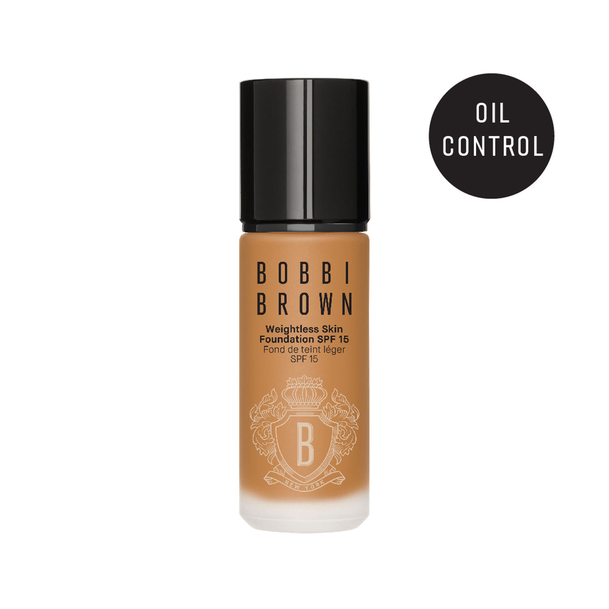 Bobbi Brown Mini Weightless Skin Foundation in Golden with matte finish and SPF 15, showing the product bottle and applicator.