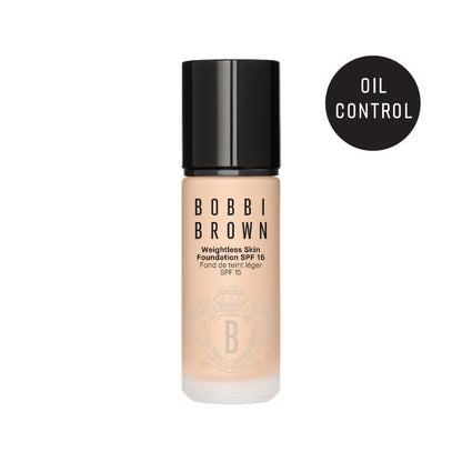 Bobbi Brown Mini Weightless Skin foundation in Porcelain with natural matte finish and SPF 15, showing the compact packaging.
