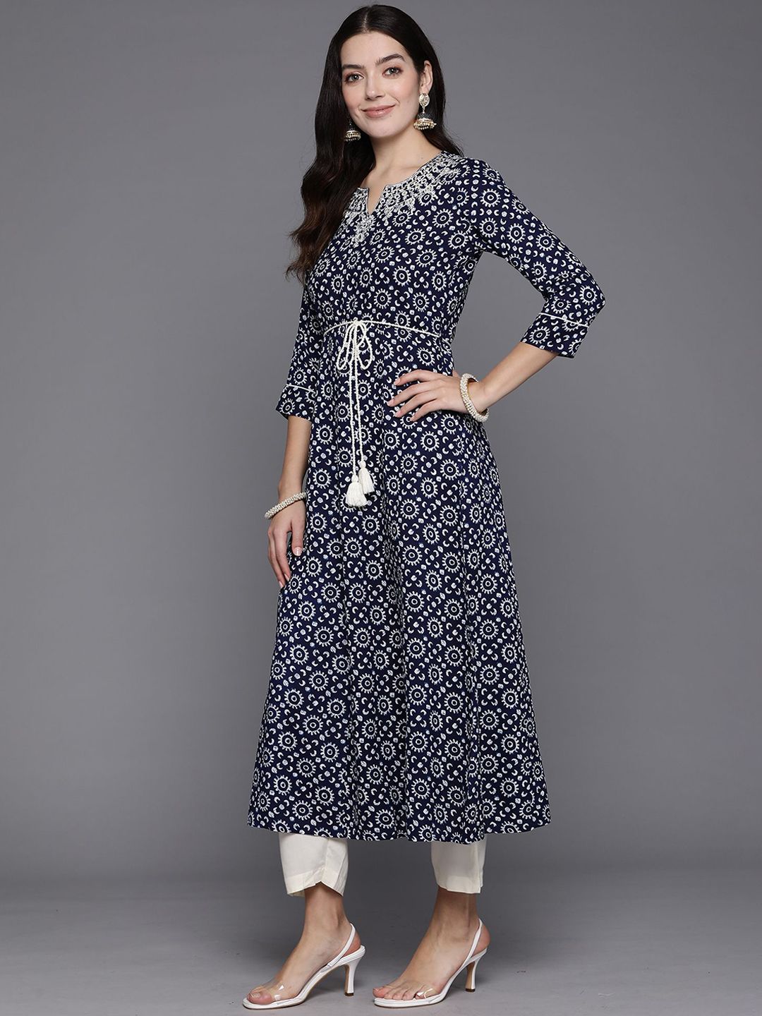 Indyancart IE Pack Of 2 Ethnic Motifs Printed Thread Work A-Line Kurta