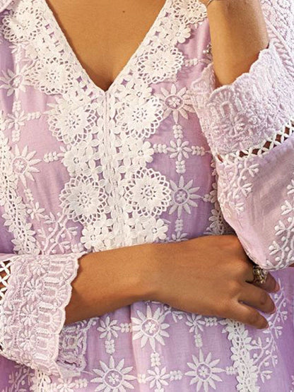 Women Solid Embroidered Cotton Kurta with Trousers & Dupatta