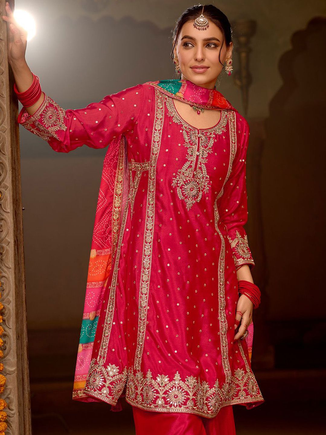 Indyancart IE Floral Embroidered Panelled Mirror Work A-Line Kurta With Palazzos & Dupatta