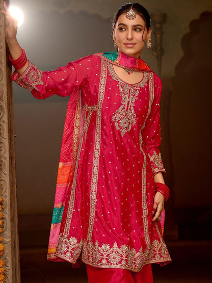 Indyancart IE Floral Embroidered Panelled Mirror Work A-Line Kurta With Palazzos & Dupatta