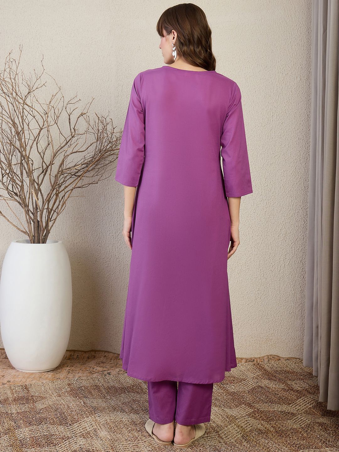 Indyancart IE Embroidered Round Neck Top With Trousers Co-Ords