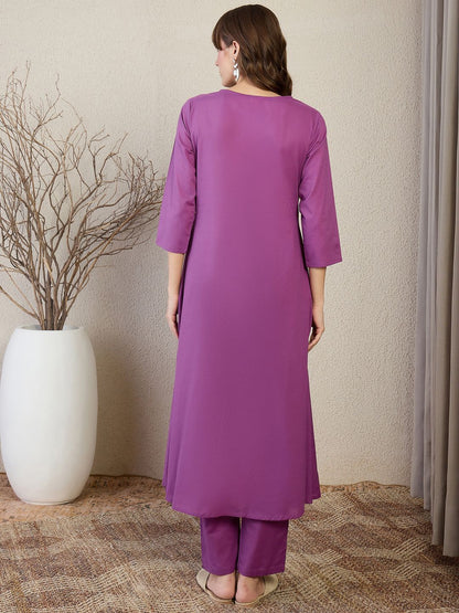 Indyancart IE Embroidered Round Neck Top With Trousers Co-Ords