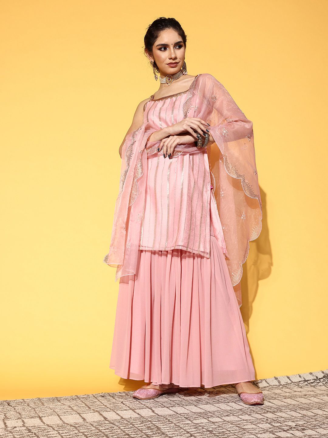 Indyancart VA Women's Peach-Coloured Striped Kurta with Sharara & Dupatta
