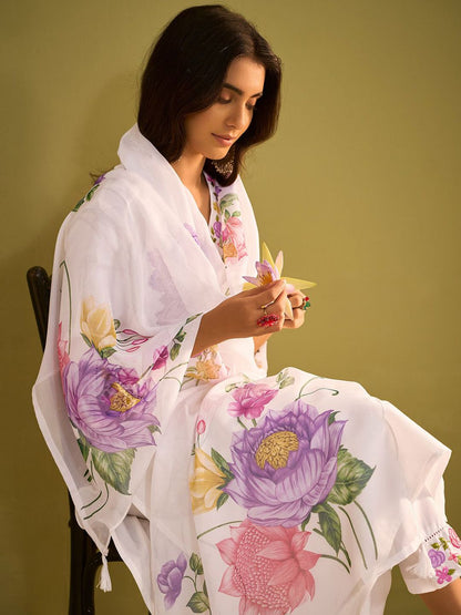 Indyancart IE Women Floral Embroidered Regular Thread Work Liva Kurta with Trousers & With Dupatta