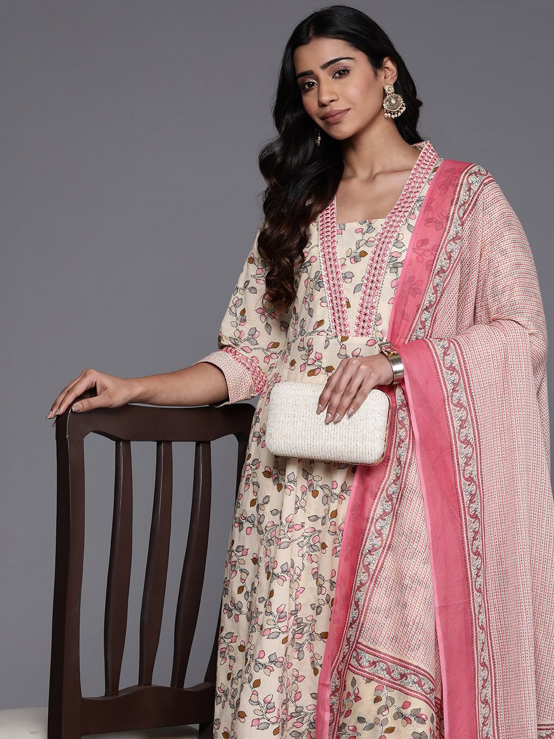 Indyancart VA Women'sFloral Printed Mirror Work Pure Cotton Kurta with Trousers & Dupatta