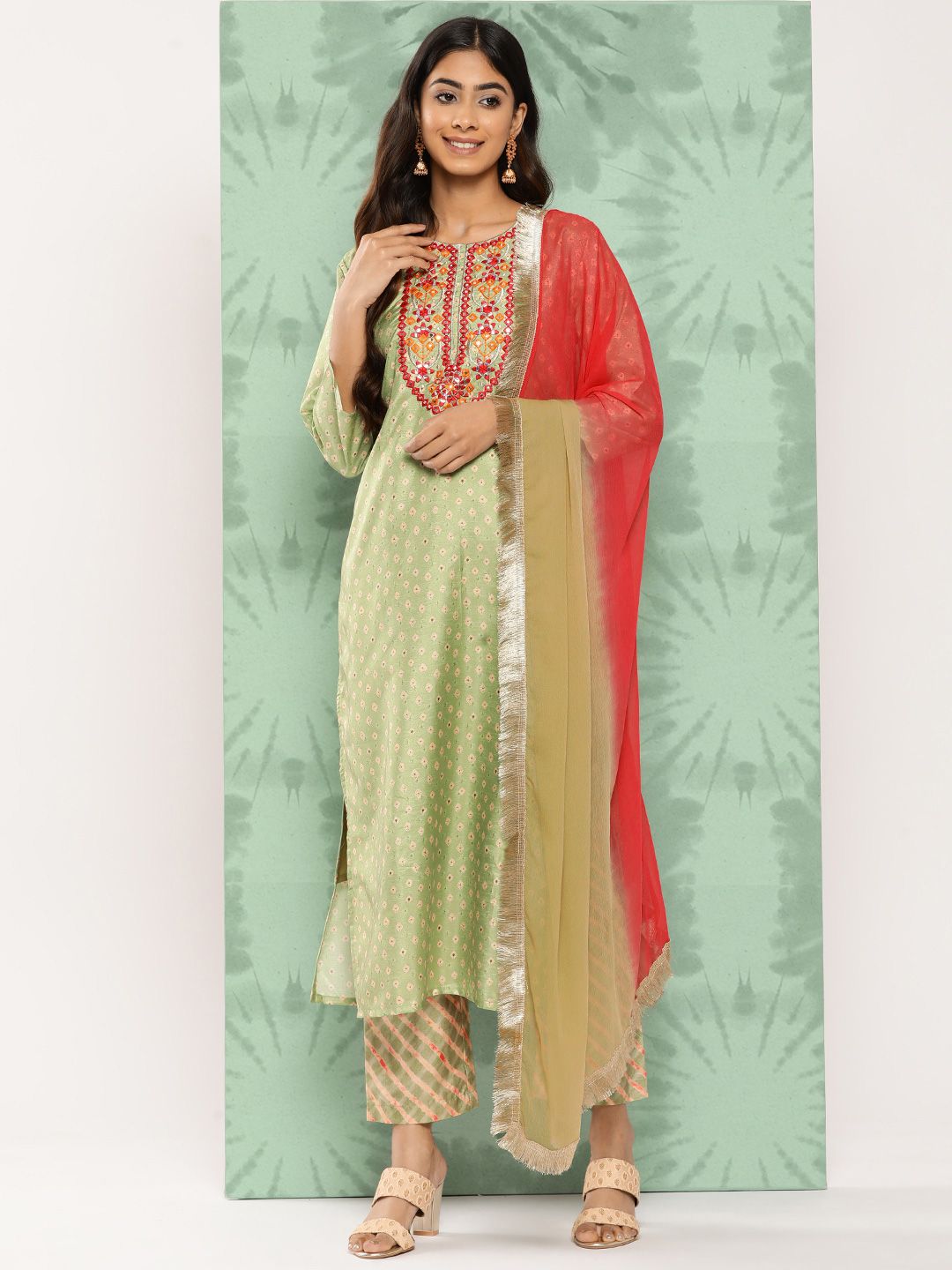 Indyancart VA Women's Ethnic Motifs Embroidered Mirror Work Kurta with Trousers & With Dupatta