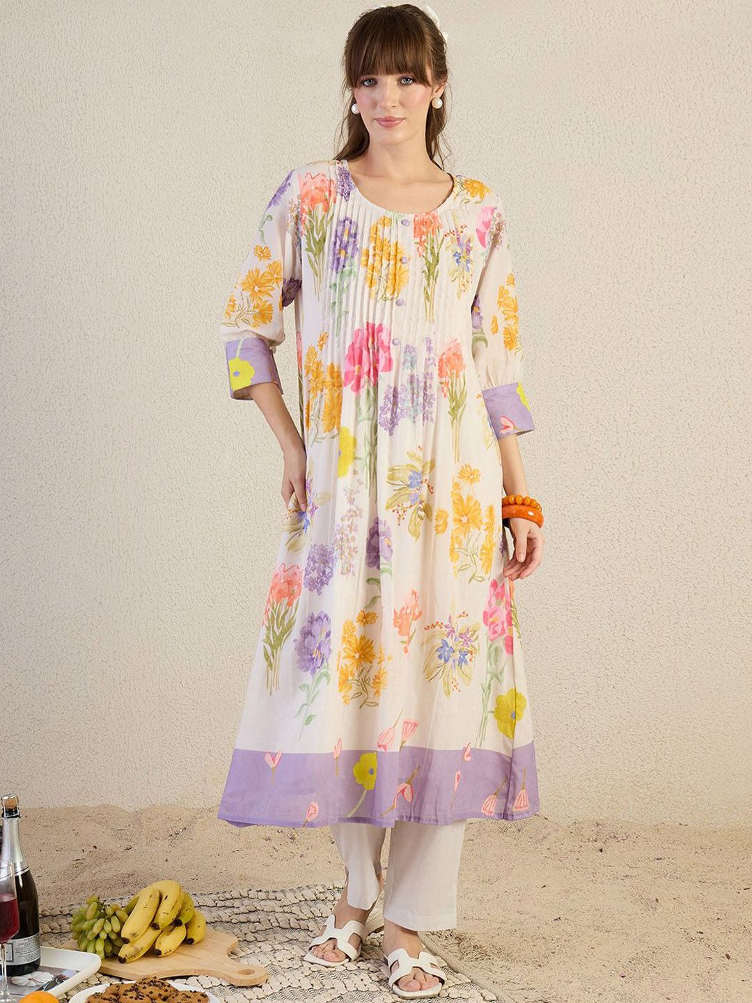 Indyancart IE Printed Pure Cotton Round Neck Top With Trousers Co-Ords