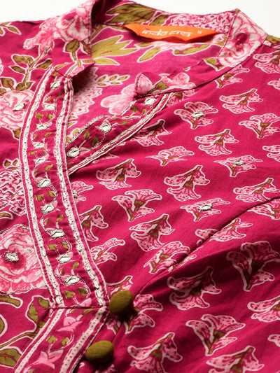 Indyancart IE Floral Printed Angrakha Pure Cotton Kurta with Trousers & With Dupatta