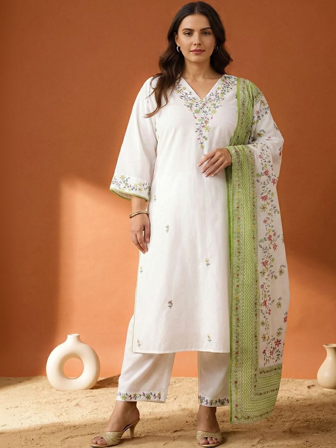 Indyancart Women's Floral Embroidered Regular Thread Work Pure Cotton Kurta with Trousers & With Dupatta