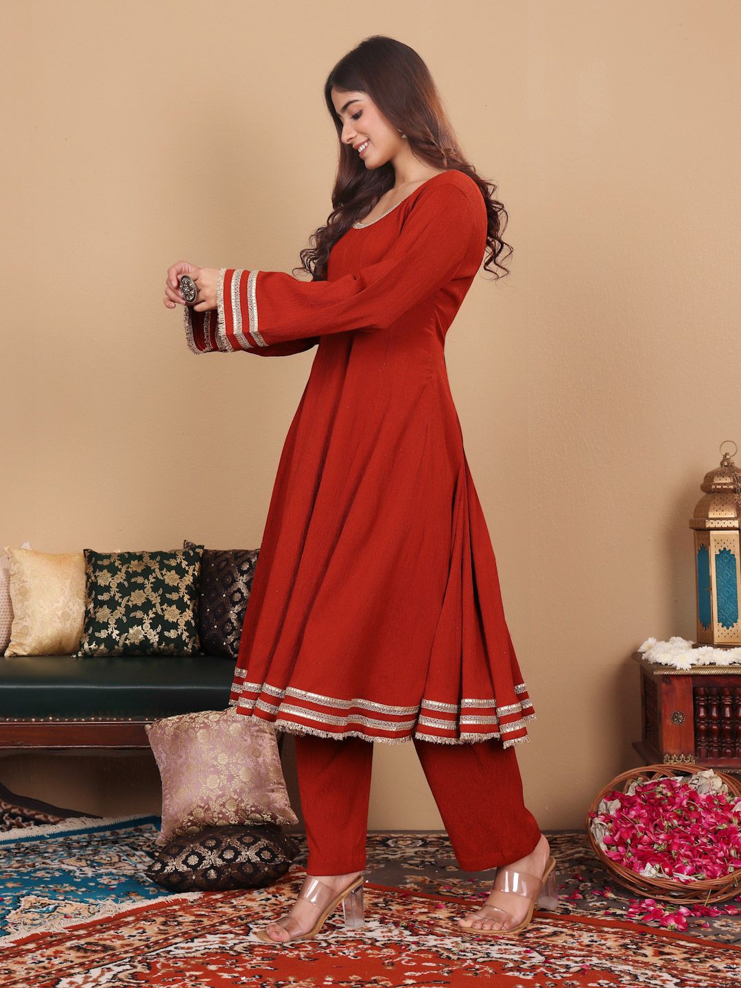 Indyancart VA Women'sSequinned Silk Crepe Anarkali Kurta with Trousers & With Dupatta