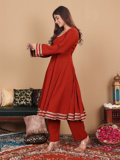 Indyancart VA Women'sSequinned Silk Crepe Anarkali Kurta with Trousers & With Dupatta