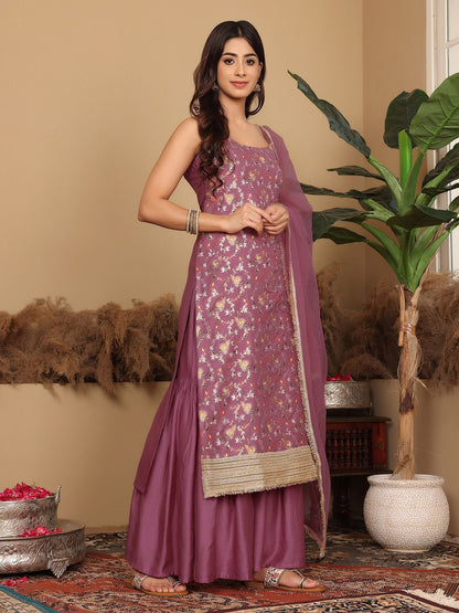 Dhiyona VA Women's Floral Embroidered Regular Gotta Patti Kurta with Sharara & Fringed Dupatta