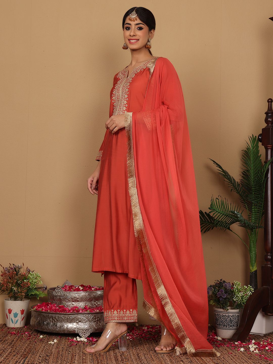 Dhiyona VA Women'sRust Floral Embroidered Regular Sequinned Straight Kurta With Trouser With Dupatta