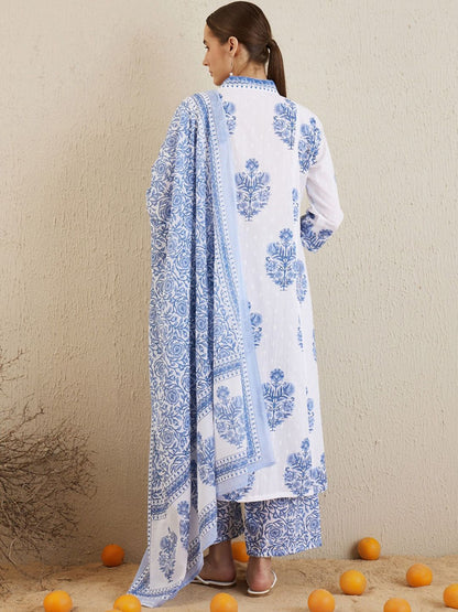 Indyancart IE V Neck Floral Printed Panelled Pure Cotton A-Line Kurta Set