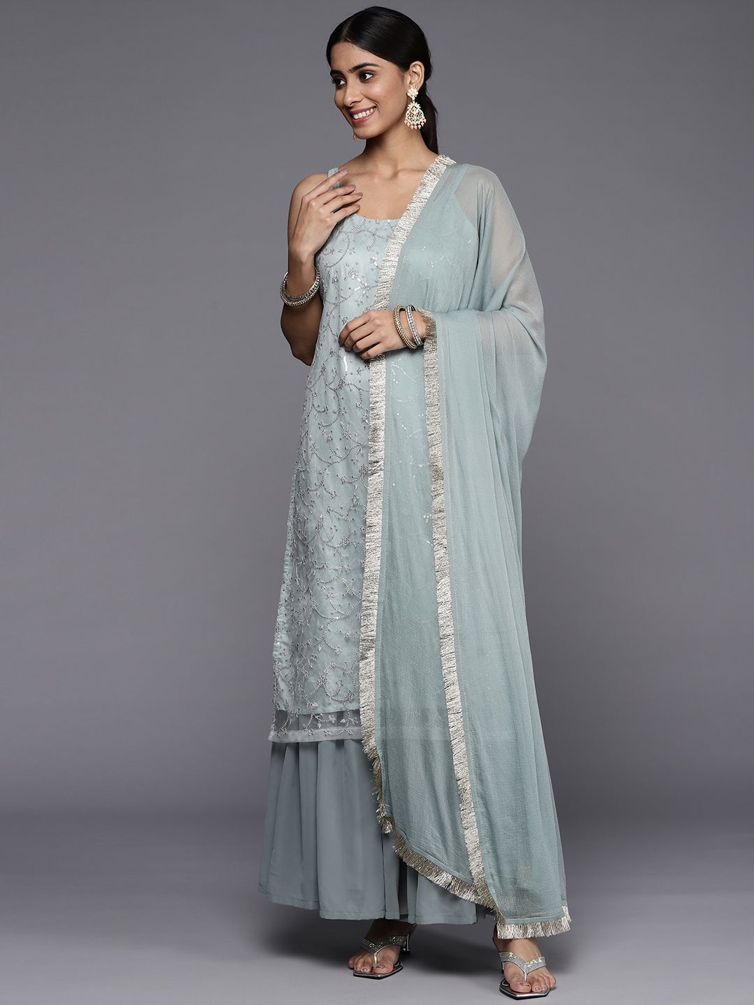 Indyancart VA Women Green Floral Sequinned Kurta with Sharara & With Dupatta