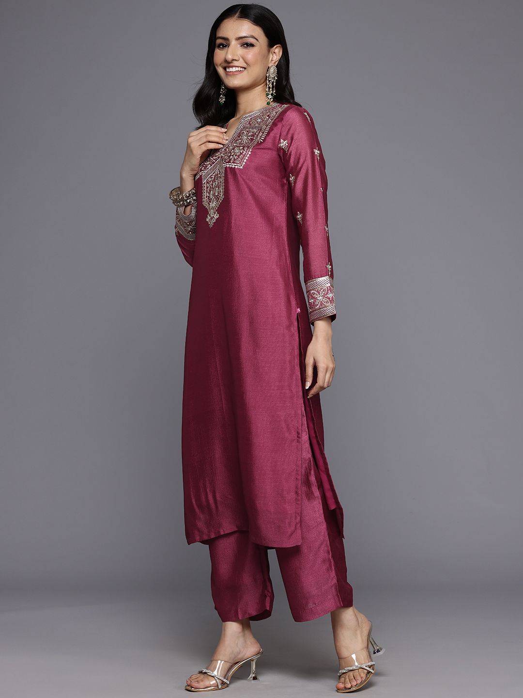 Indyancart VA Women'sEthnic Motifs Embroidered Zari Kurta With Palazzos & Dupatta