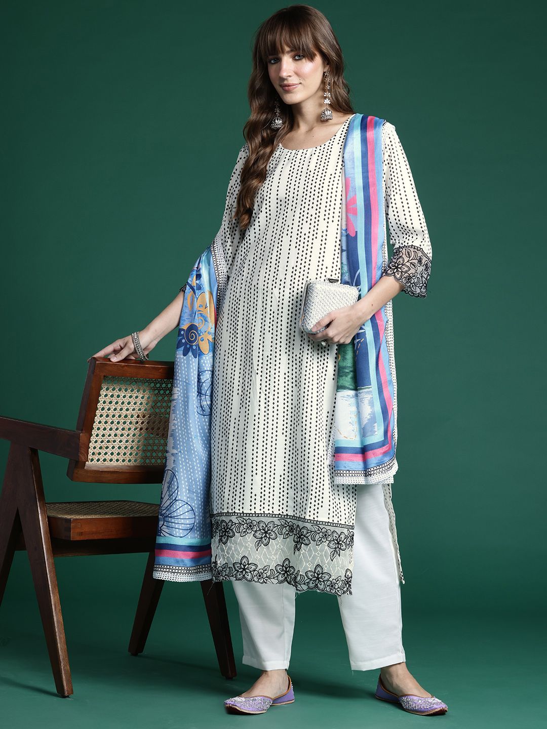 Embroidered Regular Thread Work Kurta with Trousers & Dupatta