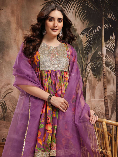 Indyancart SN Women's Floral Print Gotta Patti Kurta with Sharara & Dupatta
