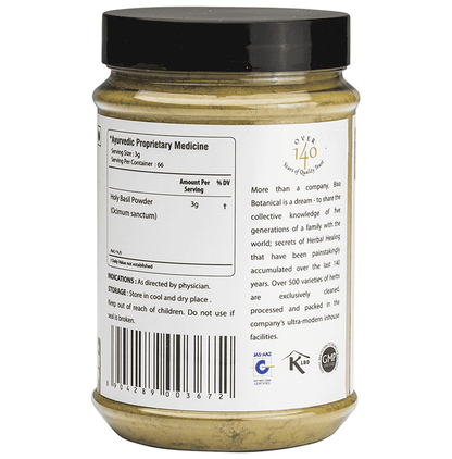 Bixa Botanical Tulsi Powder in a glass jar, organic Ayurvedic herbal powder with fresh green tulsi leaves visible.