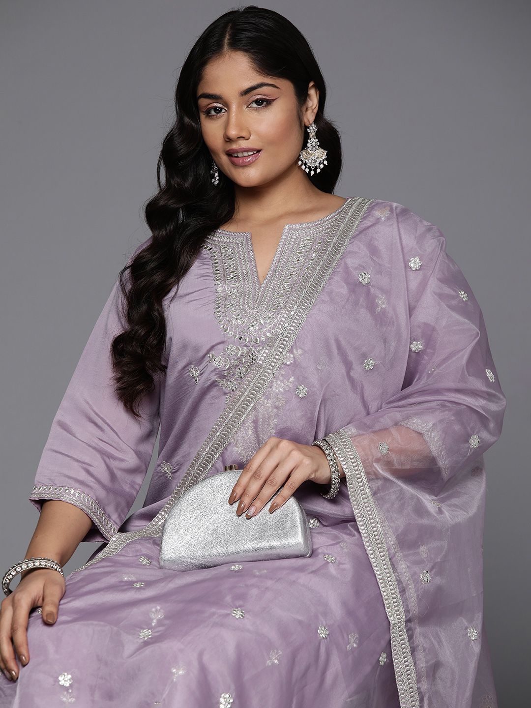 Indyancart IE Plus Size Embroidered Regular Sequinned Kurta with Trousers & With Dupatta