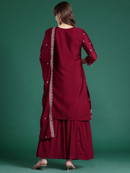 Indyancart IE Ethnic Motifs Embroidered Kurta with Sharara & Dupatta
