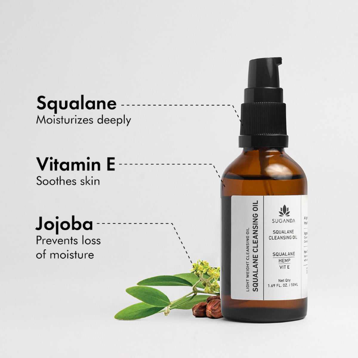 Suganda Squalane Cleansing Oil Removes Makeup & Sunscreen, with Squalane, Hemp & Vitamin E
