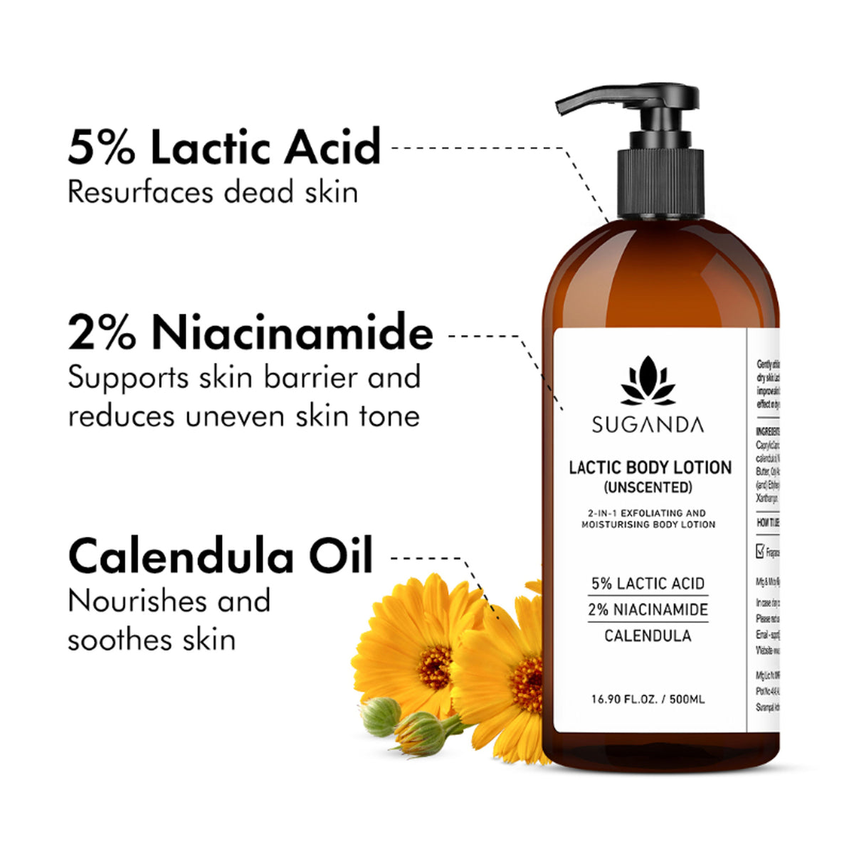 Suganda Lactic Body Lotion with 5% LA, Improves Skin Texture + Reduce Strawberry Legs (Unscented)