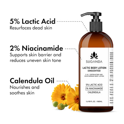 Suganda Lactic Body Lotion with 5% LA, Improves Skin Texture + Reduce Strawberry Legs (Unscented)