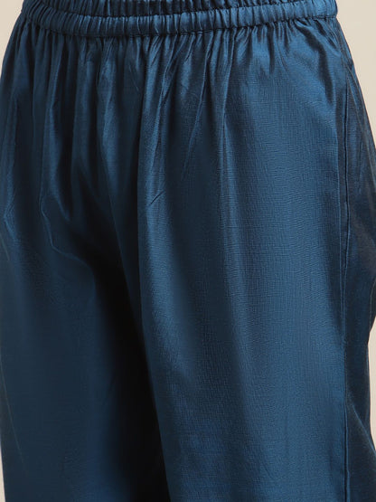 Indyancart VA Women's Blue Floral Embroidered Chanderi Silk Kurta with Trousers & Dupatta