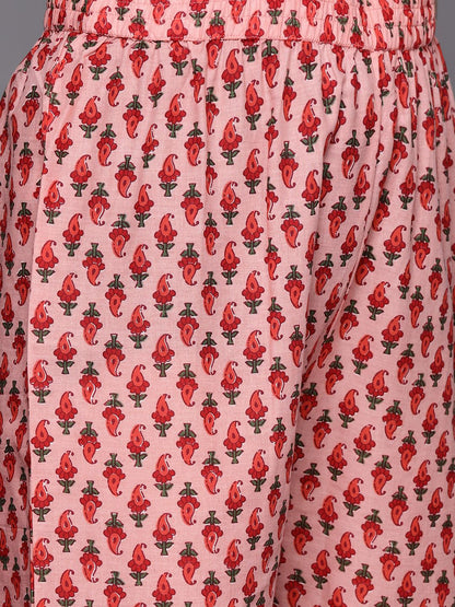 Indyancart VA Women's Peach-Coloured Floral Printed Empire Gotta Patti Pure Cotton Kurta with Trousers & With