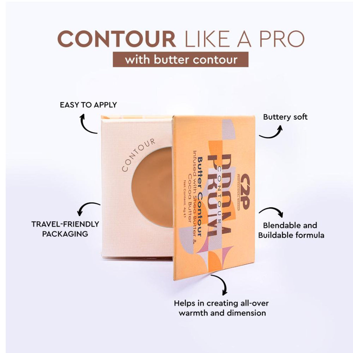 C2P Pro Prom Butter Contour Ultra HD creamy matte finish in Amber 01, showing smooth contour cream in a compact container.