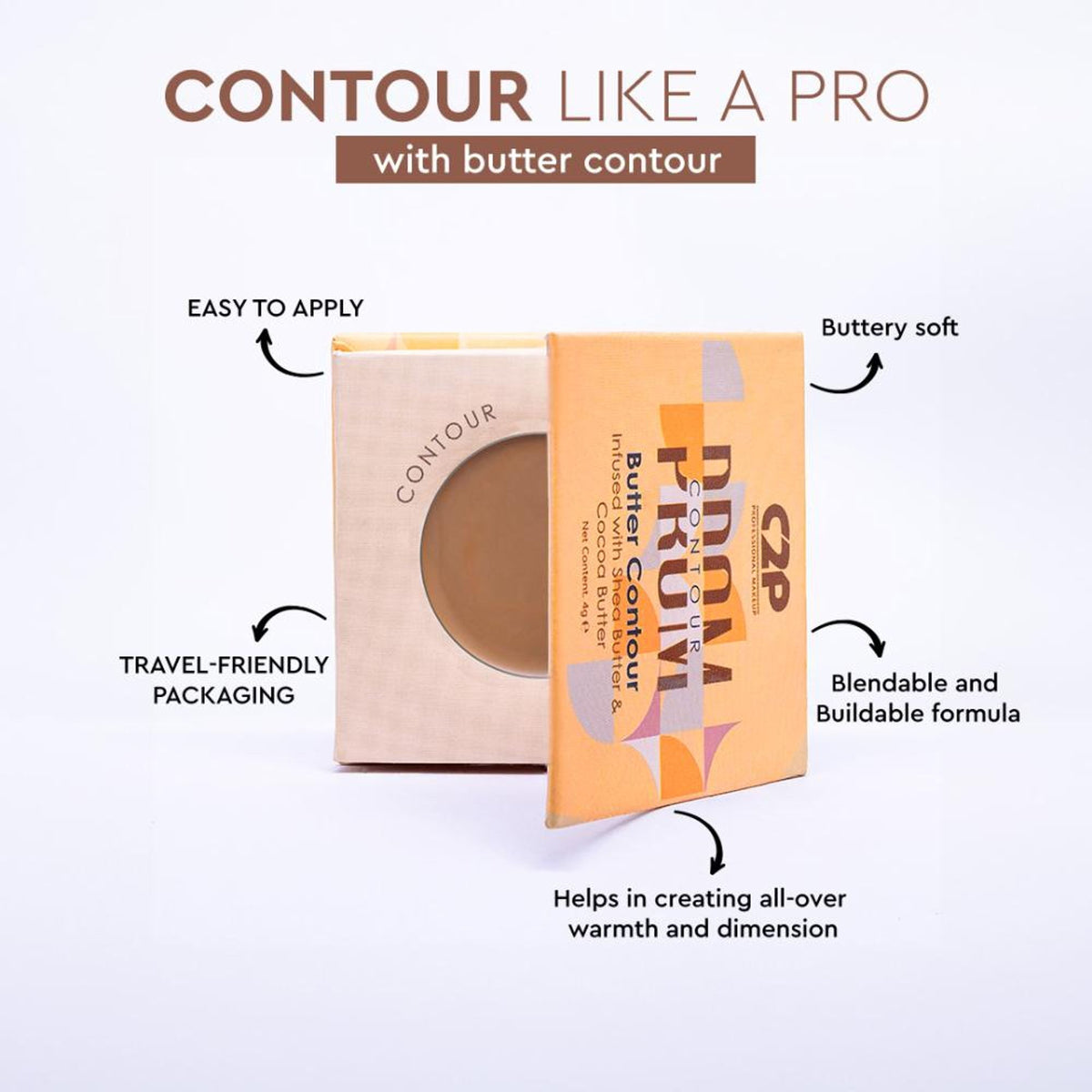 C2P Pro Prom Butter Contour Ultra HD creamy matte finish in Mocha 02, showcasing the smooth, rich contour cream in a compact container.