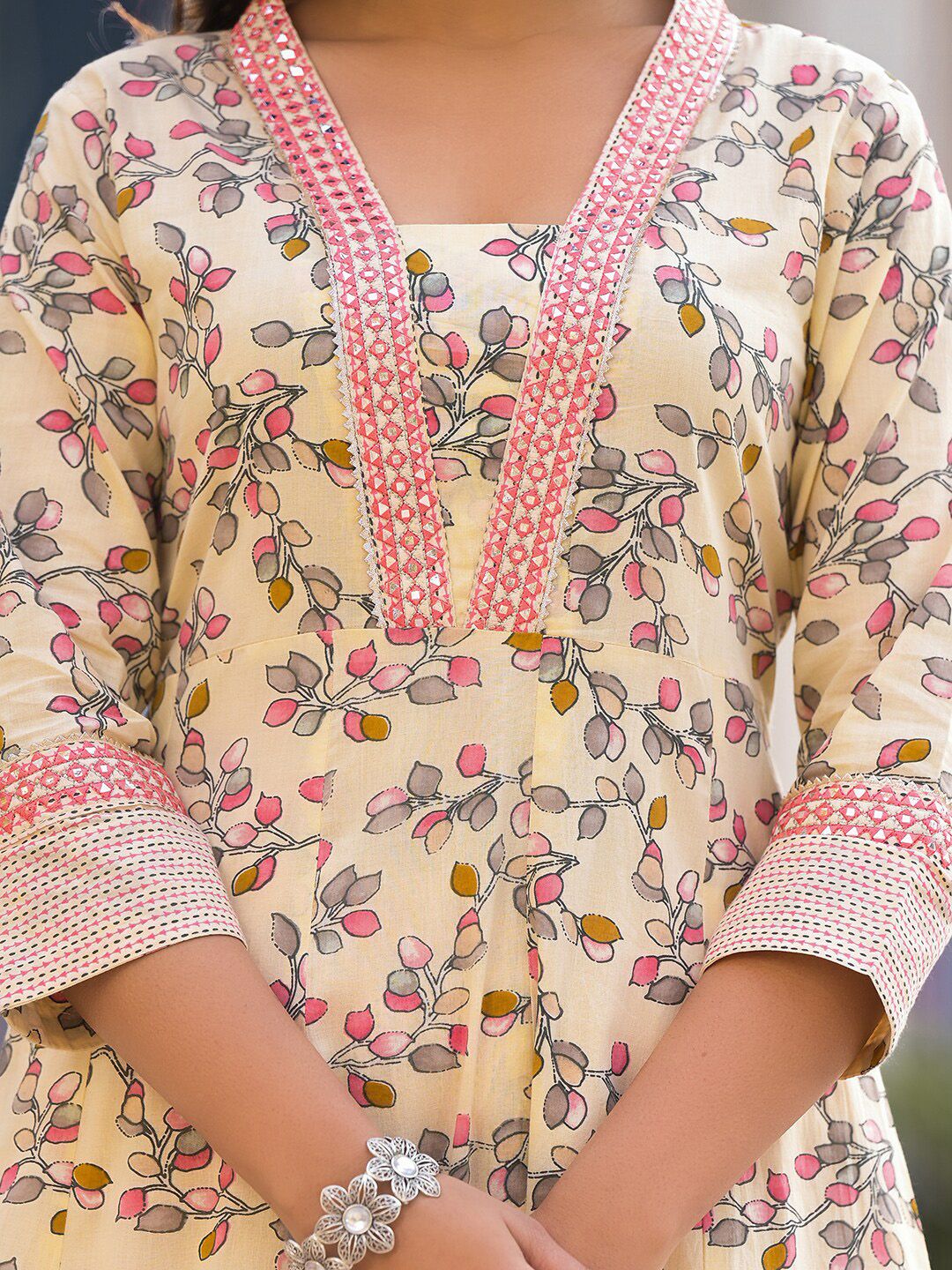 Indyancart VA Women'sFloral Printed Pure Cotton Empire Anarkali Kurta With Trouser & Dupatta