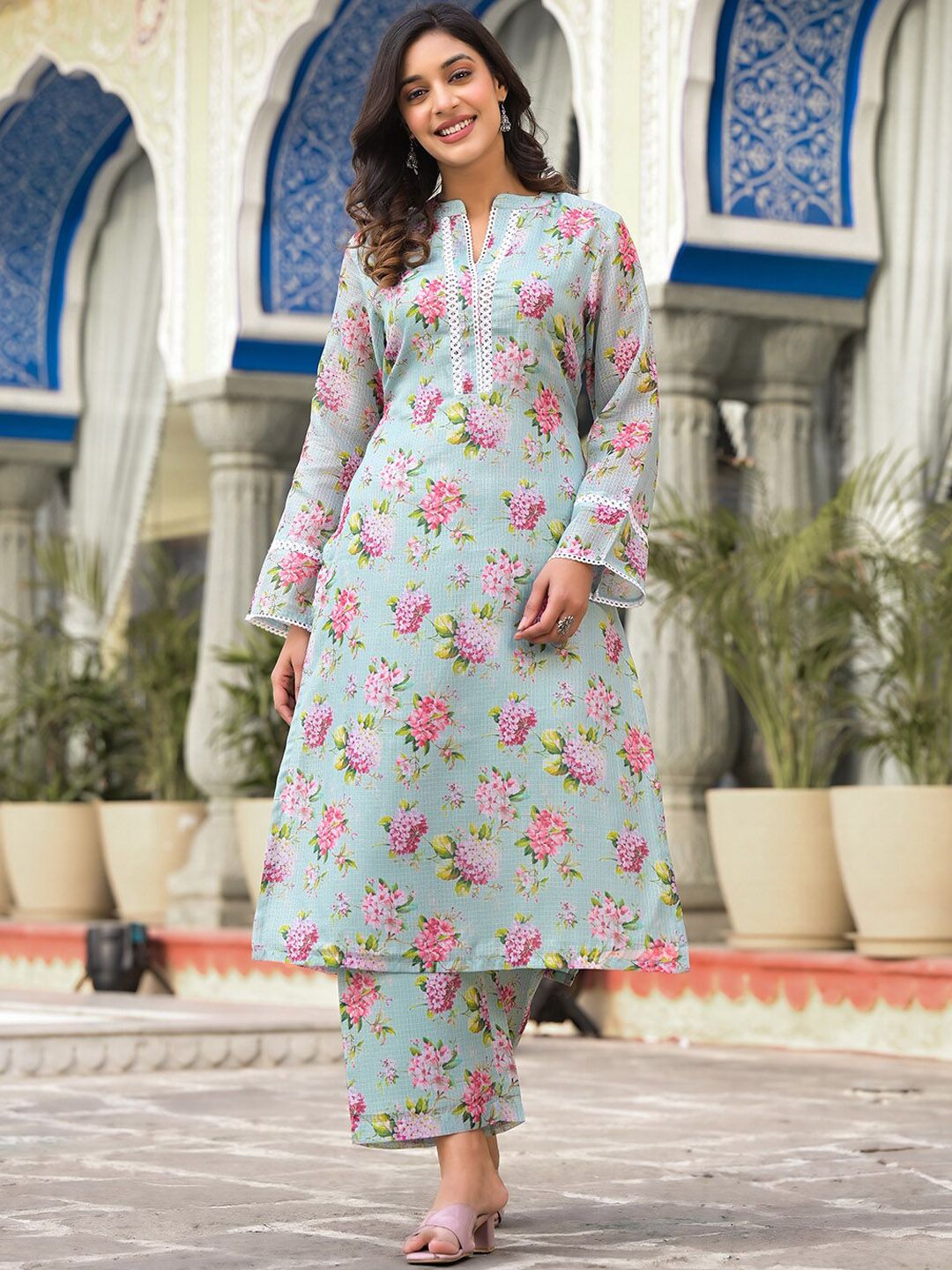 Indyancart VA Women'sFloral Printed Long sleeves Calf Length Straight Kurta With Trouser